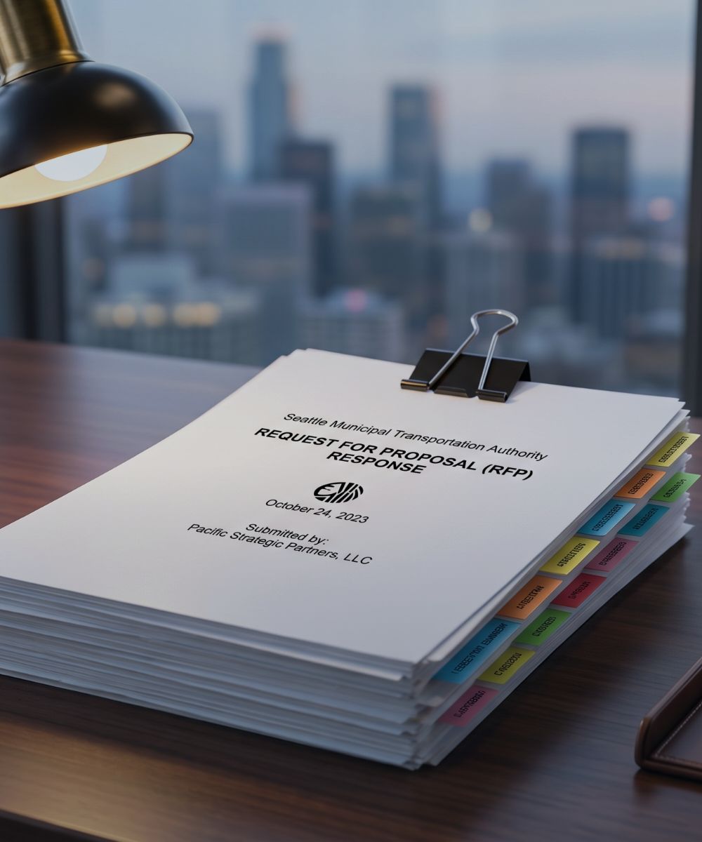 — a thick stack of RFP pages, binder-clipped, with colored sticky flags down the edge and margin notes in pen