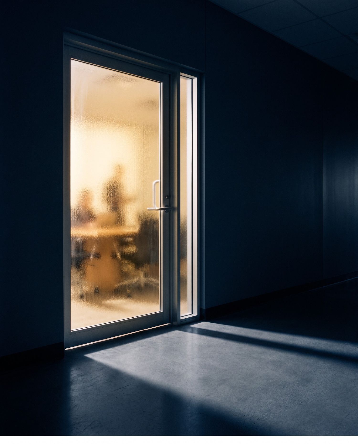 a closed boardroom door from outside