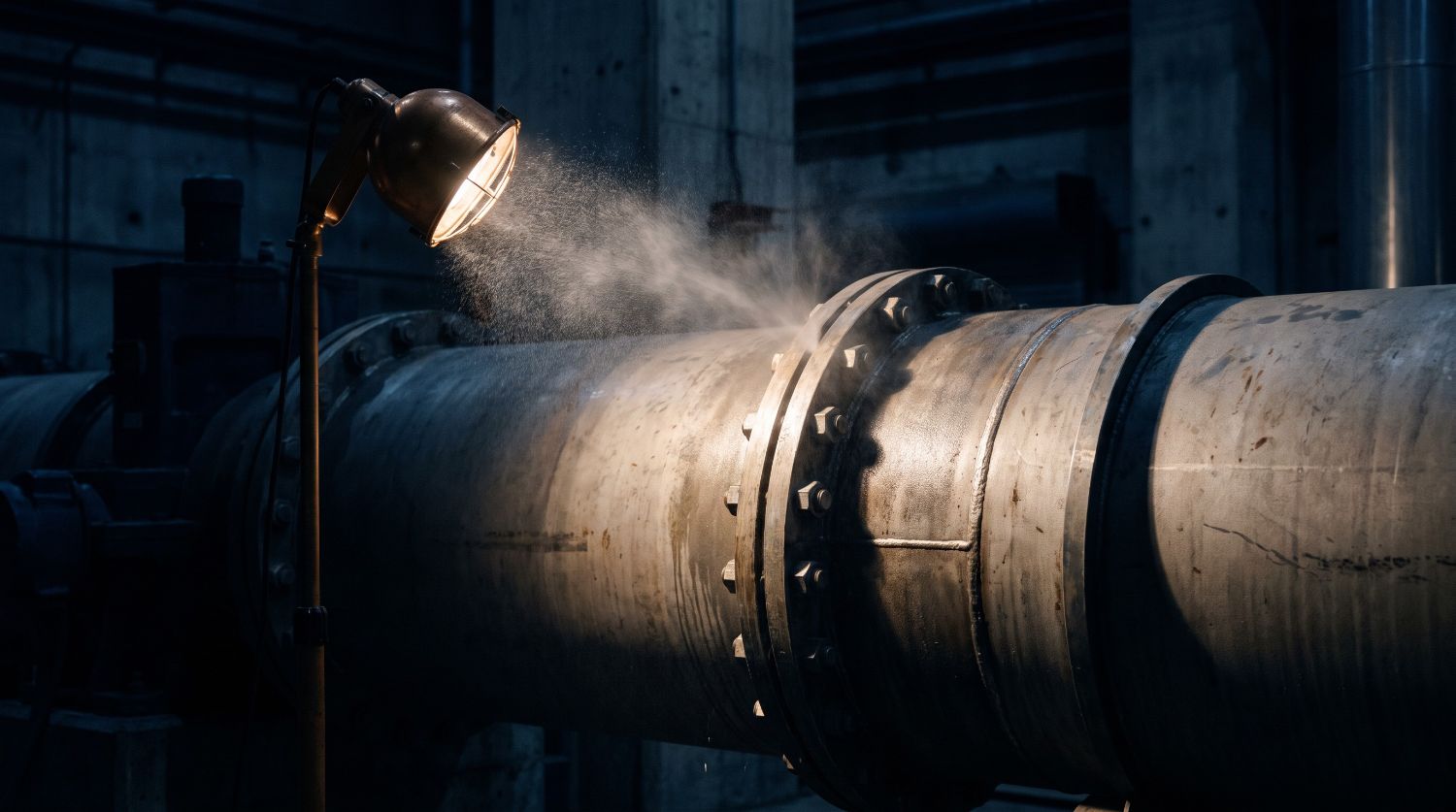 — a leaking pipeline joint under work light